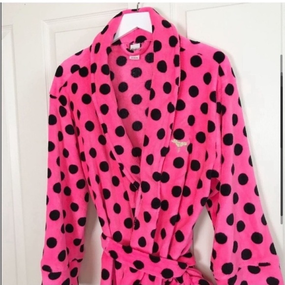 Victoria’s Secret Pink women’s polka dot hot pink plush robe size XS/S cozy warm - Picture 3 of 10